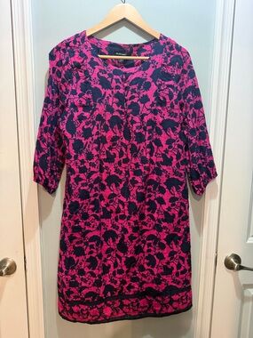 Studio Park X Amy Stran Textured Cotton Pink & Navy Floral Shift Dress SMALL